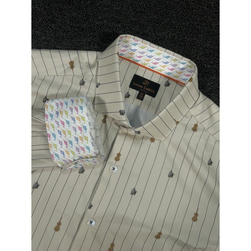 Simon Carter‎ London Shirt Men's 40 Slim Fit Beige Fish Guitar AOP Flip Cuff